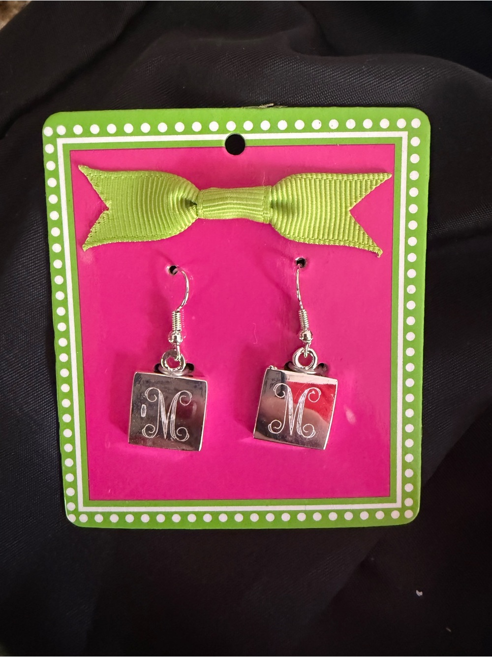 Monogram 'M' Silver-Tone Square Dangle Earrings in Pink & Green Card
